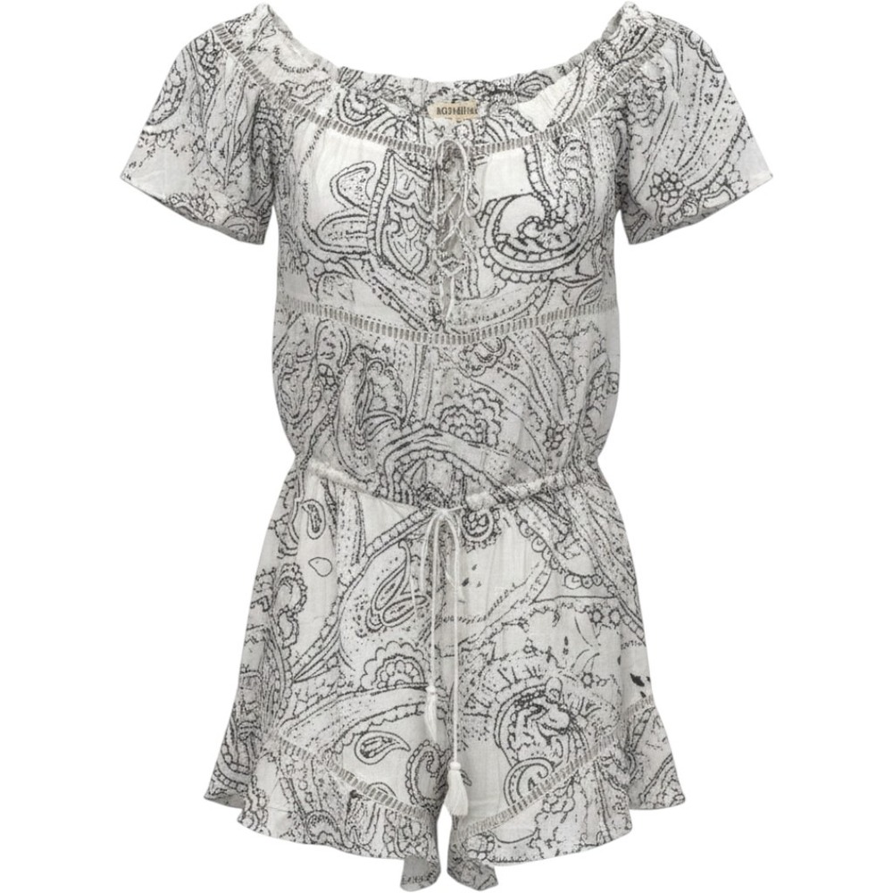 Boho Me‎ Womens Black Paisley Off Shoulder Romper White Lace Trim NWT Size L